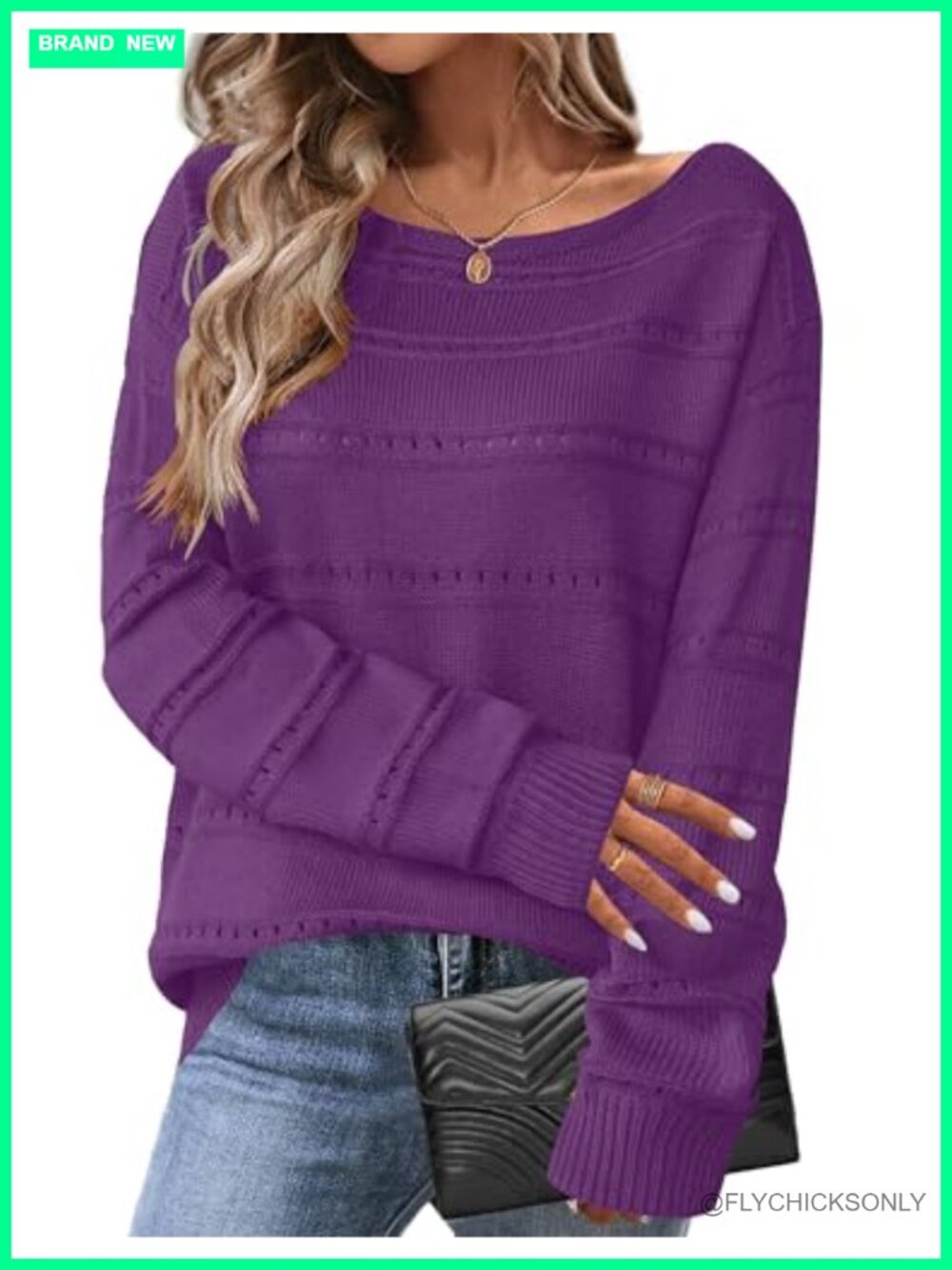 Crochet Boat Neck Long Sleeve Pullover Sweater Loose Fit Casual